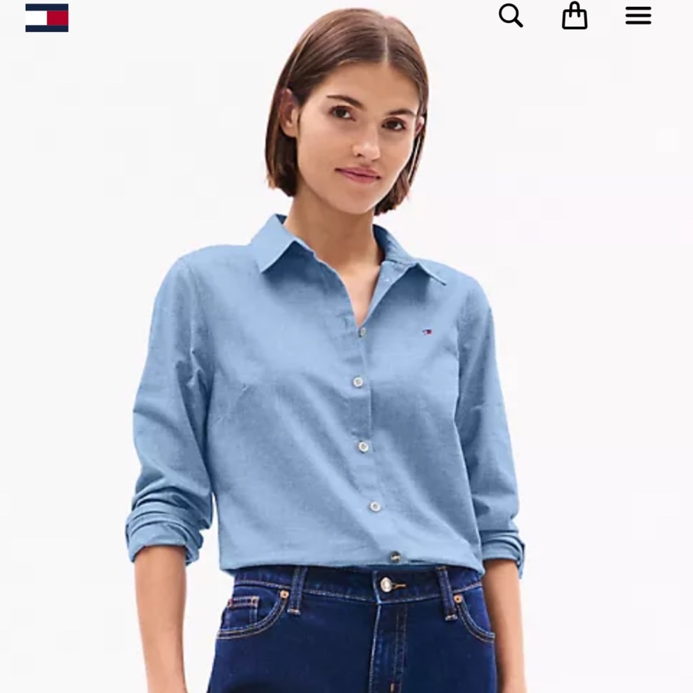 Tommy Hilfiger Classic Chambray Blue 100% Cotton Button Down Size M Office